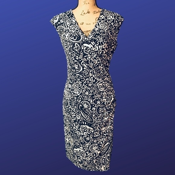 CHAPS by RALPH LAUREN Surplice Wrap Dress, CAP SLEEVE, Navy/White, Size S, NWOT - Picture 1 of 7